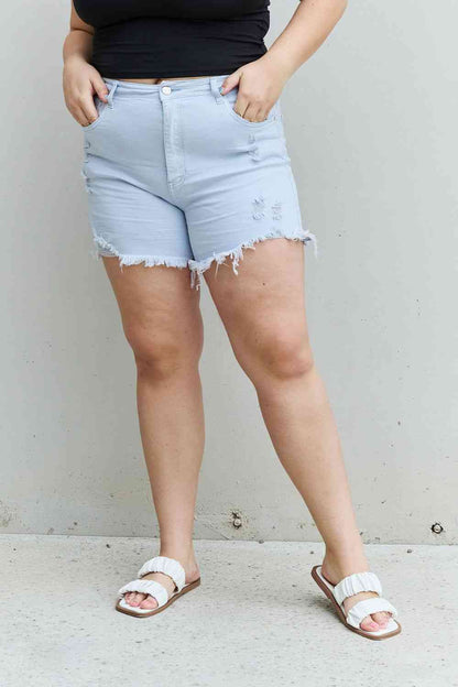 RISEN Katie  High Waisted Distressed Shorts in Ice Blue