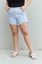 RISEN Katie  High Waisted Distressed Shorts in Ice Blue