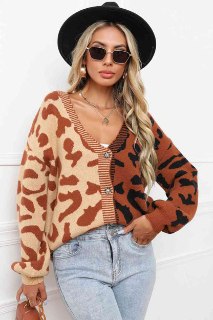 Leopard Button Front Ribbed Trim Cardigan