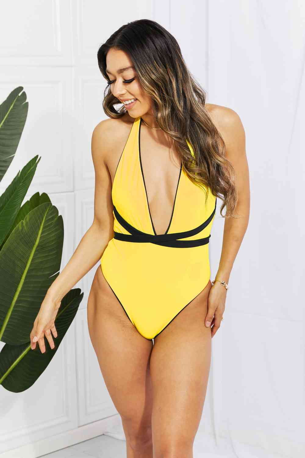 Contrast Tie-Waist Plunge One-Piece Swimsuit