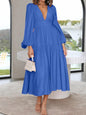 Deep V-Neck Balloon Sleeve Plain Maxi Dress