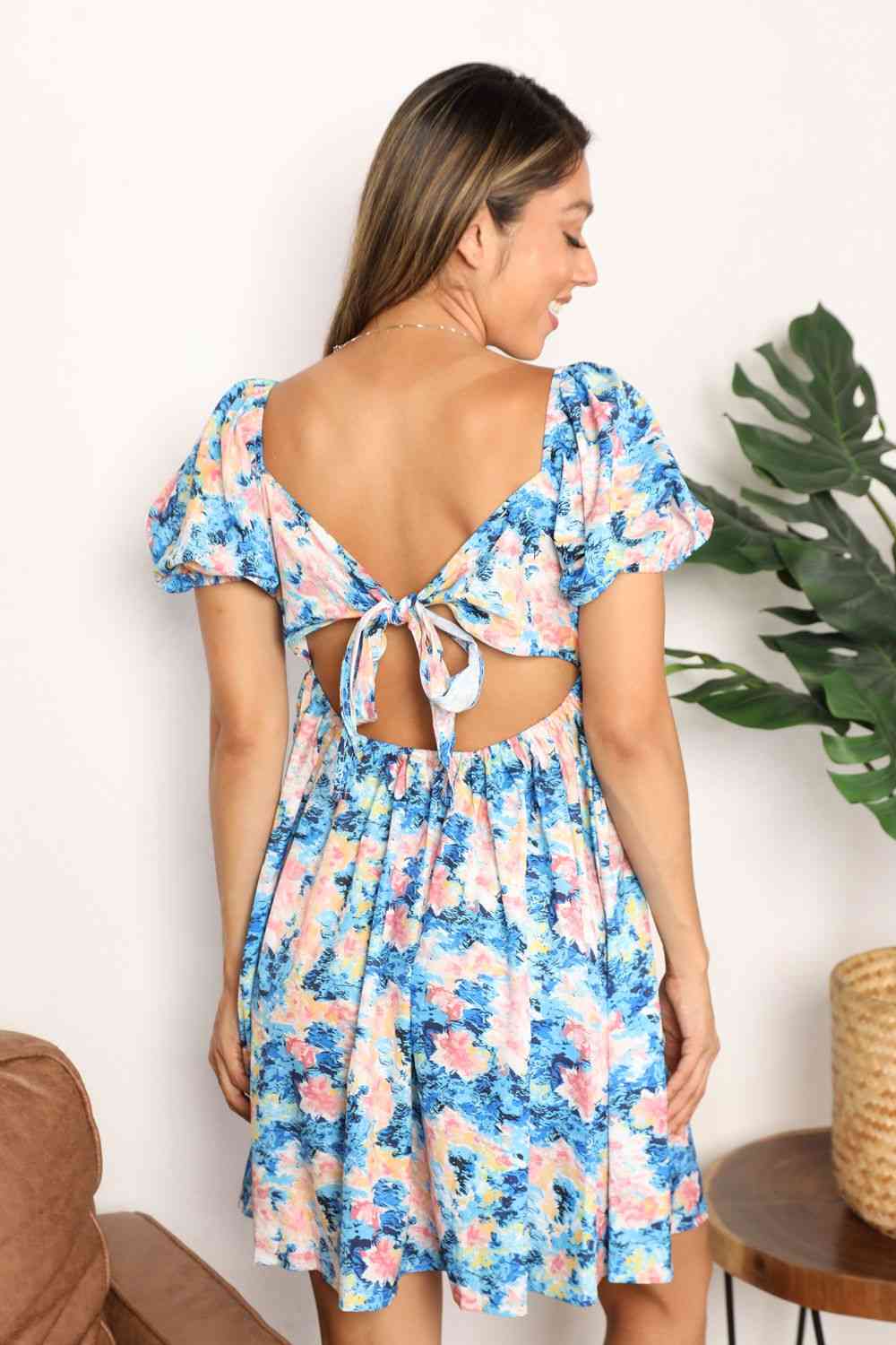 Floral Square Neck Puff Sleeve Dress