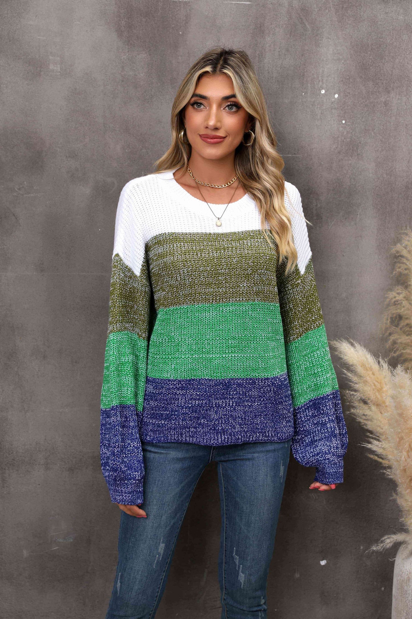 I Love It Color Block Round Neck Dropped Shoulder Sweater