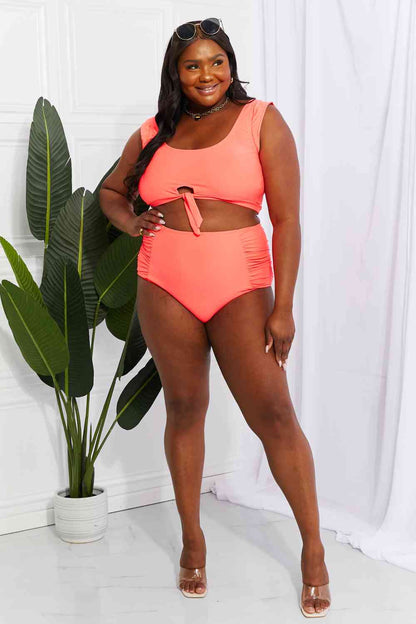 Swim Sanibel Crop Swim Top and Ruched Bottoms Set in Coral