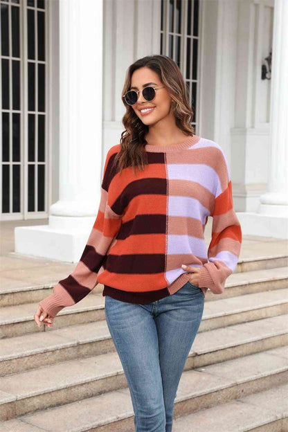 Showing Up Round Neck Long Sleeve Color Block Dropped Shoulder Pullover Sweater