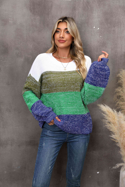 I Love It Color Block Round Neck Dropped Shoulder Sweater