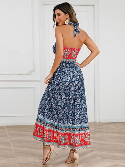 Smocked Printed Halter Neck Dress