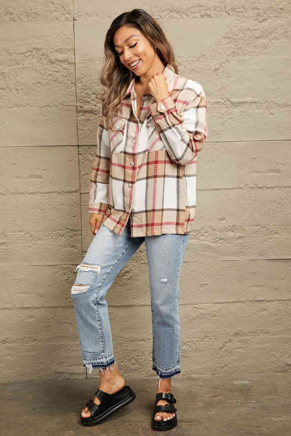 Plaid Button-Up Dropped Shoulder Shirt Jacket