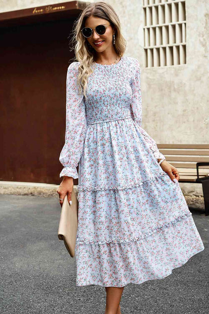 Soaring High Smocked Flounce Sleeve Midi Dress