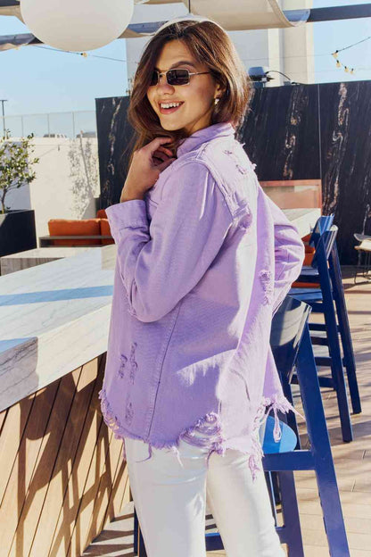 On Or Off Set Distressed Button Down Denim Jacket in Lavender