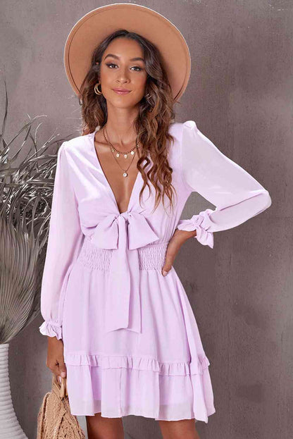 Tied Plunge Smocked Waist Flounce Sleeve Dress