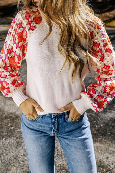 Being So Nice Flower Element Openwork Round Neck Sweater