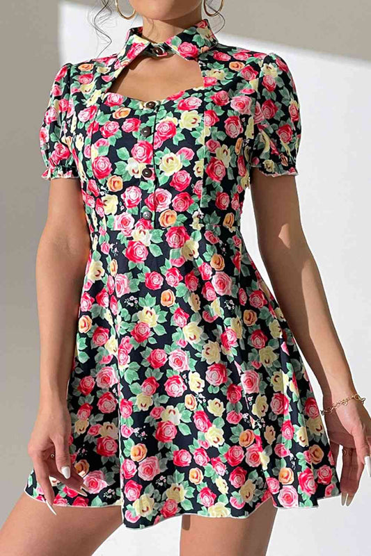 My Bliss Floral Buttoned Cutout Puff Sleeve Dress