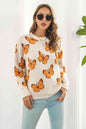 Flutter Butterfly Pattern Round Neck Dropped Shoulder Sweater