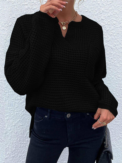 Right Time Notched Long Sleeve Sweater