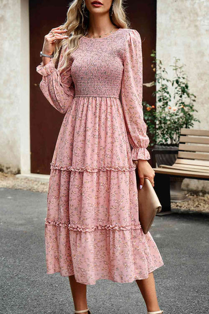 Soaring High Smocked Flounce Sleeve Midi Dress