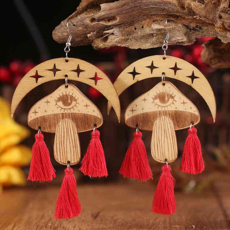 Moon & Mushroom Tassel Detail Dangle Earrings