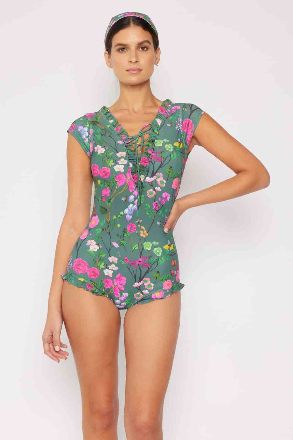 Bring Me Flowers V-Neck One Piece Swimsuit In Sage