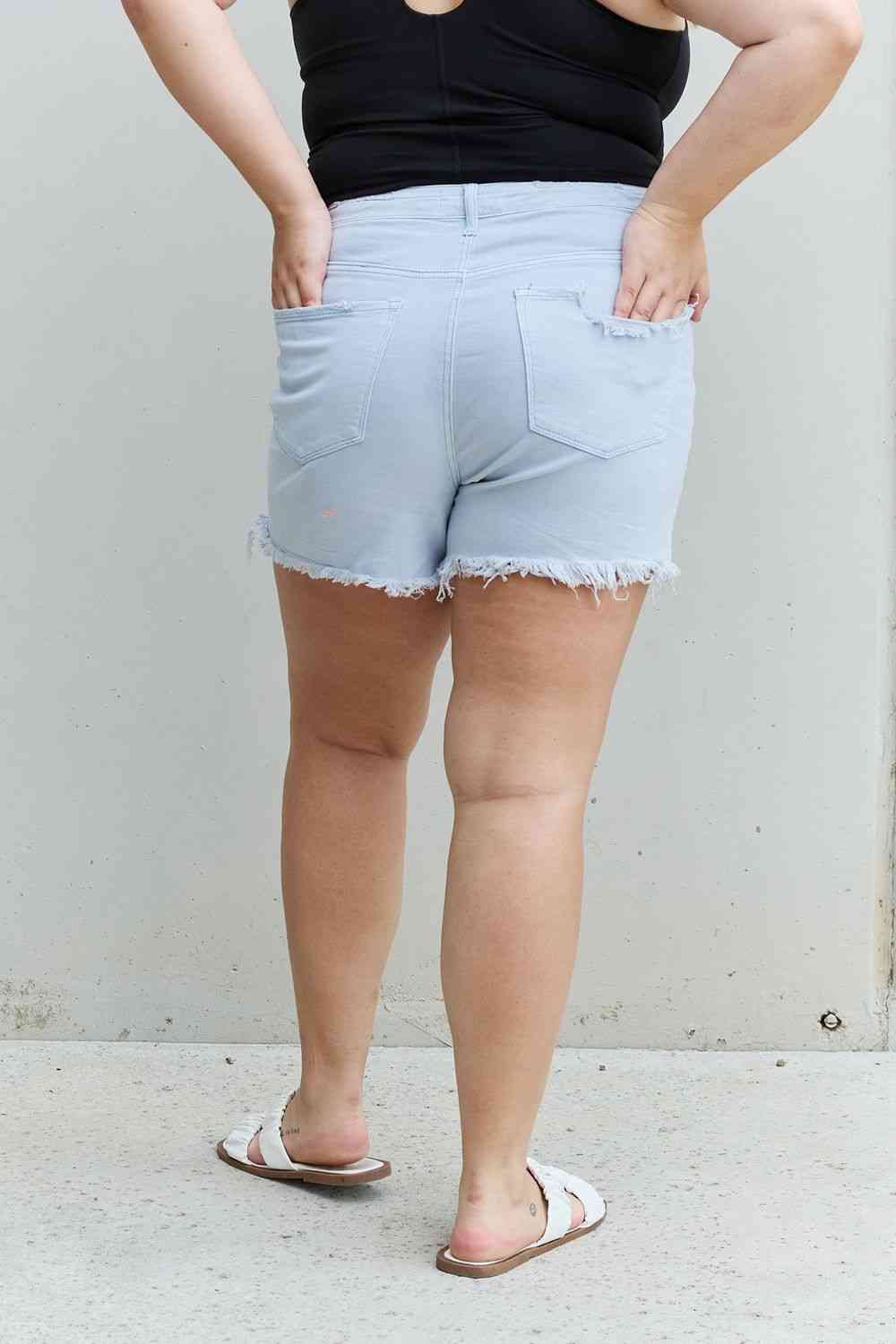 RISEN Katie  High Waisted Distressed Shorts in Ice Blue