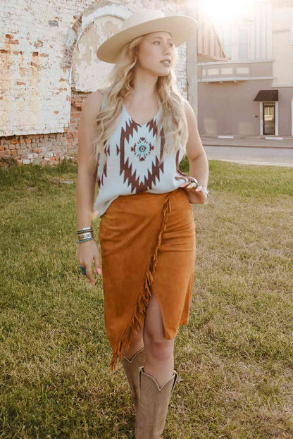 Double Take Fringe Trim Wrap Skirt