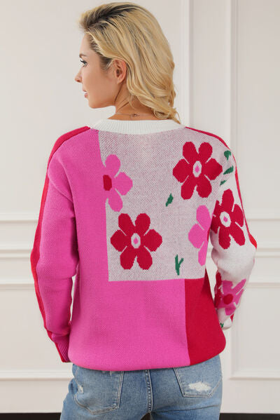 Finding Out Floral Round Neck Dropped Shoulder Sweater