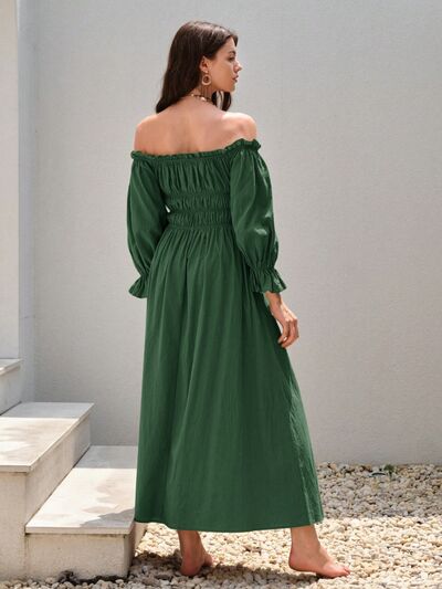 Smocked Off-Shoulder Flounce Sleeve Dress