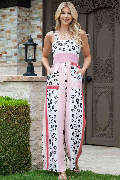 Leopard Color Block Smocked Jumpsuit