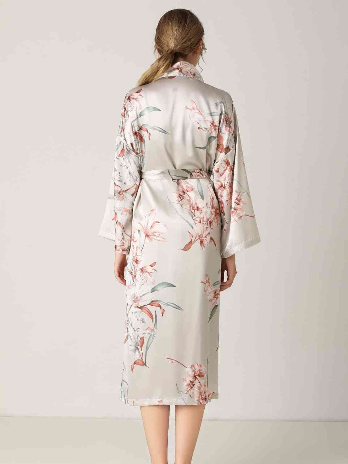 Floral Tie Waist Long Sleeve Robe