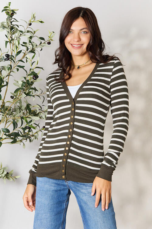 Zenana Striped Snap Down Cardigan