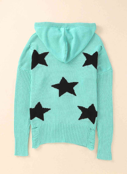 Star Distressed Slit Hooded Sweater