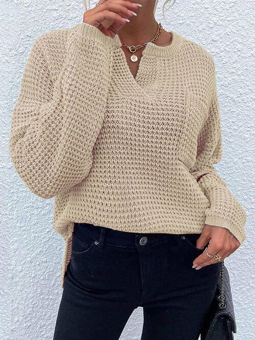 Right Time Notched Long Sleeve Sweater