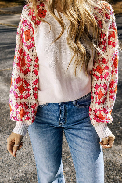 Being So Nice Flower Element Openwork Round Neck Sweater