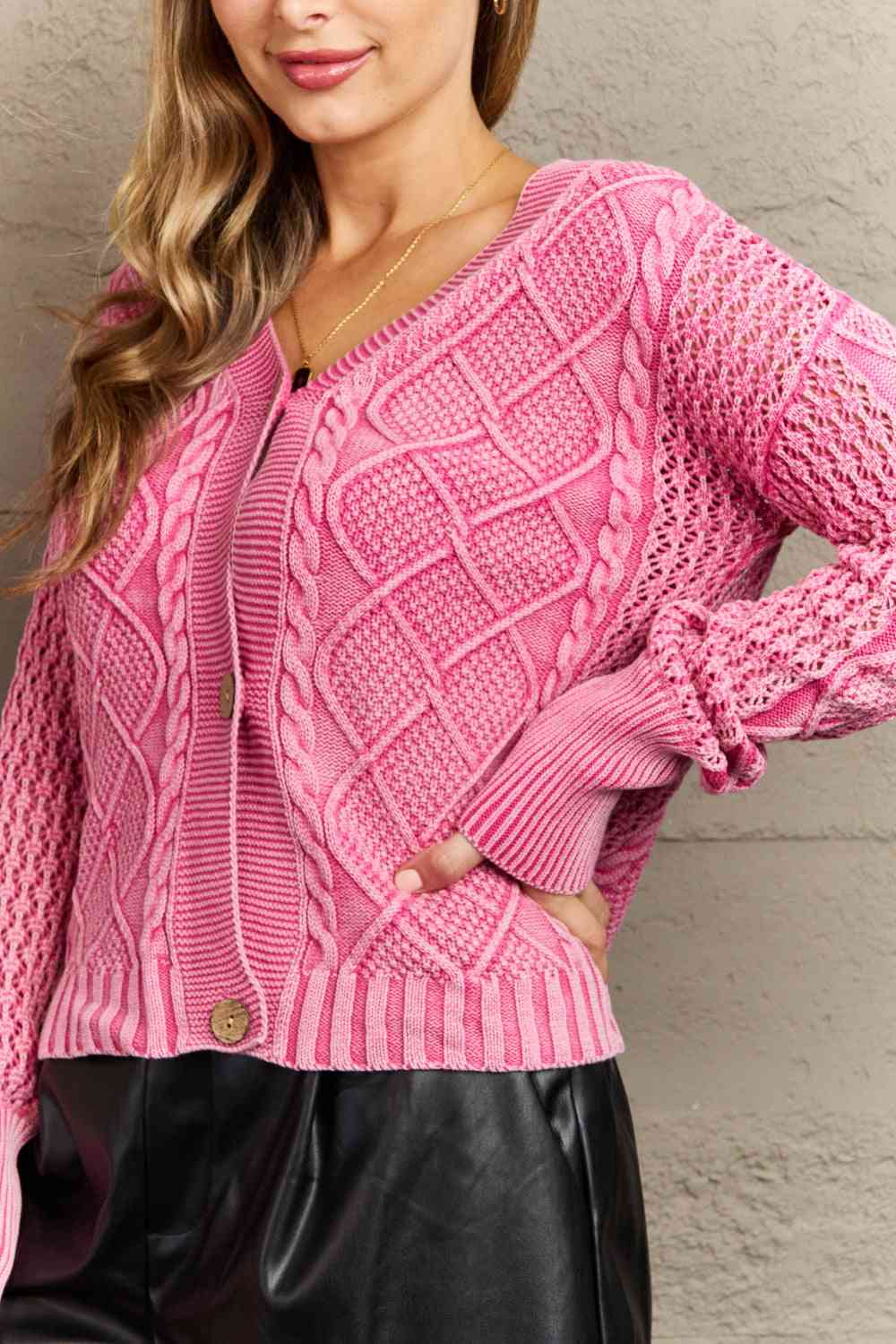 Soft Focus Wash Cable Knit Cardigan in Fuchsia