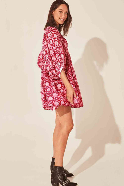 Floral Tie Neck Lantern Sleeve Dress