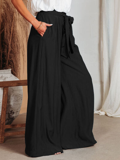 Drawstring Pocketed Wide Leg Pants