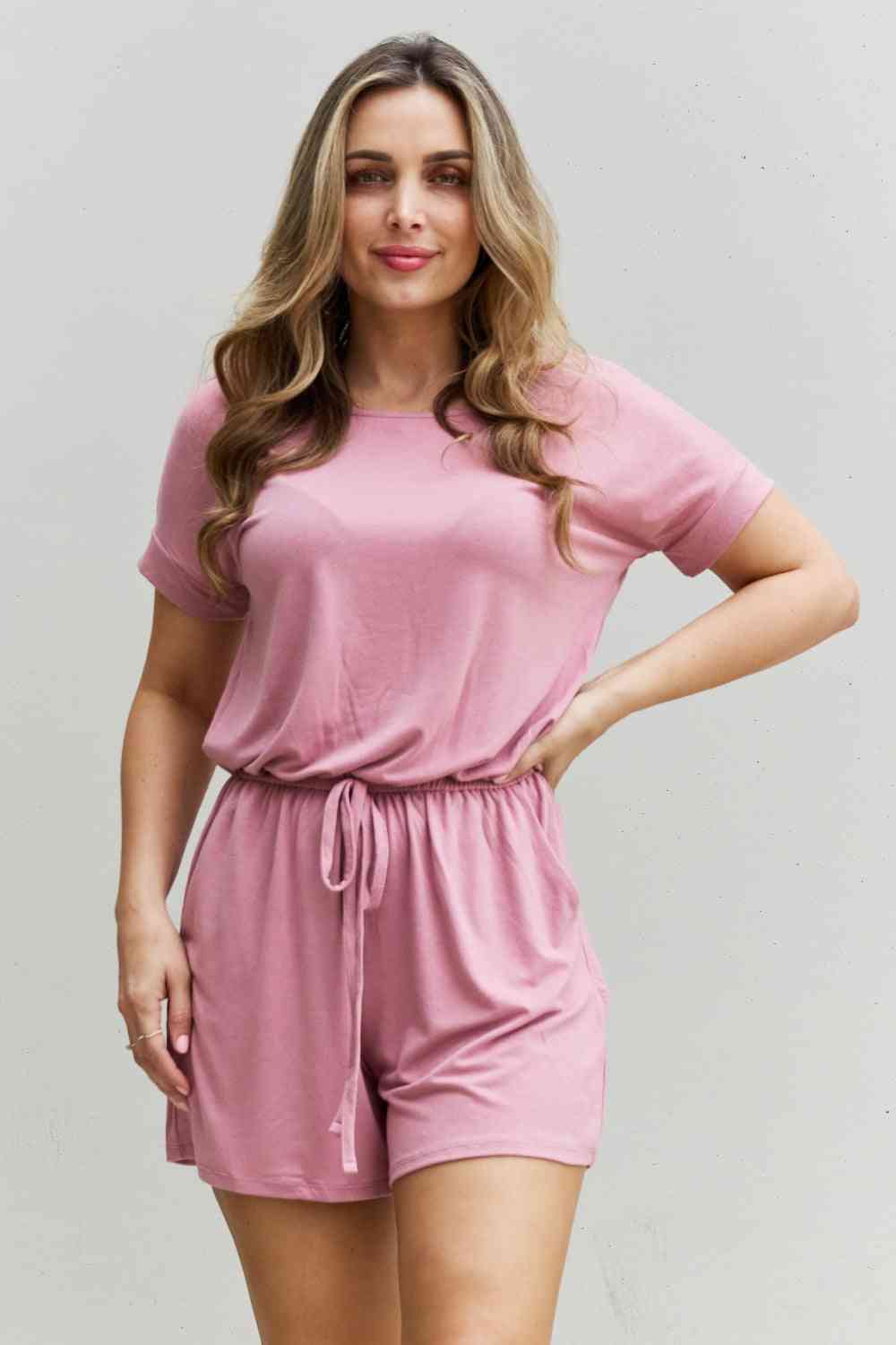 Zenana Chilled Out Short Sleeve Romper in Light Carnation Pink