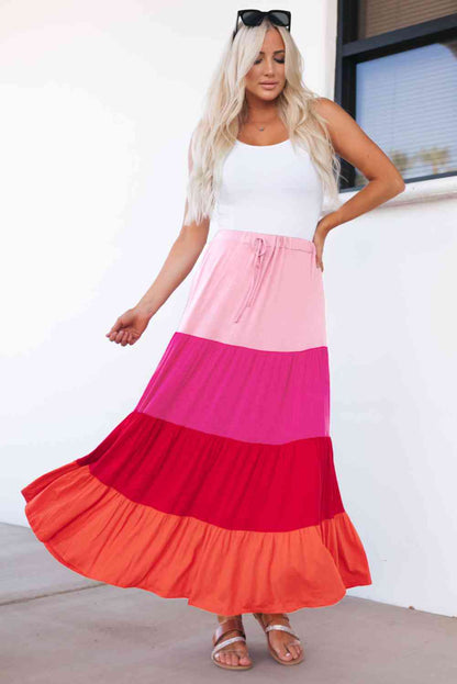 Color Block Tiered Maxi Skirt