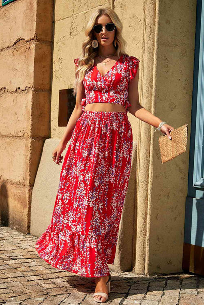 Printed Tie Back Cropped Top and Maxi Skirt Set