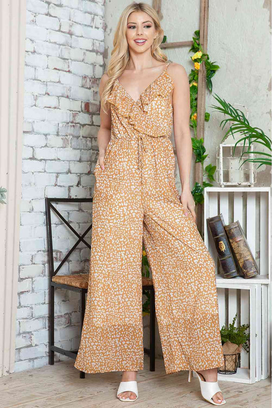 Printed Surplice Neck Sleeveless Jumpsuit