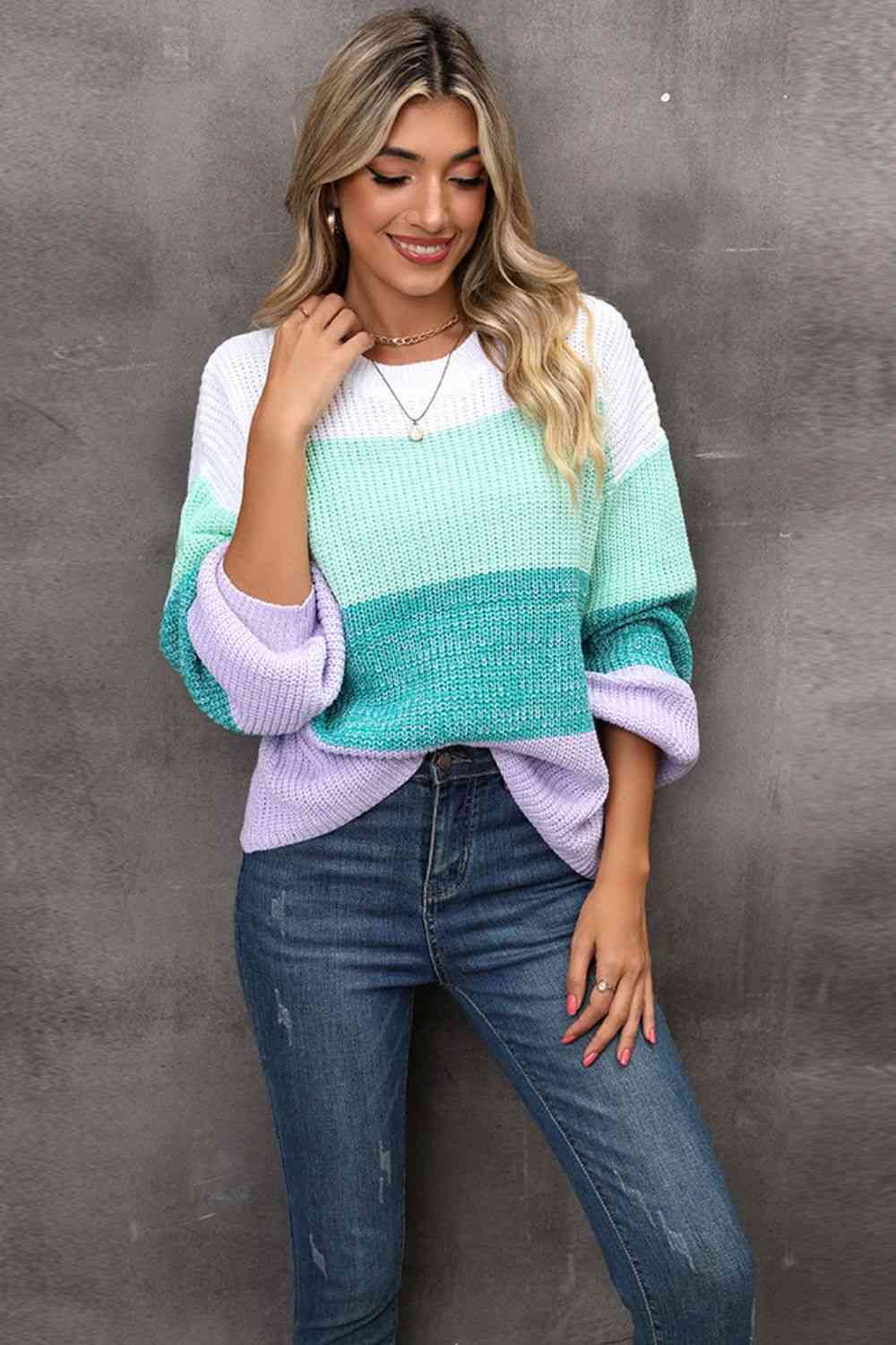 I Love It Color Block Round Neck Dropped Shoulder Sweater