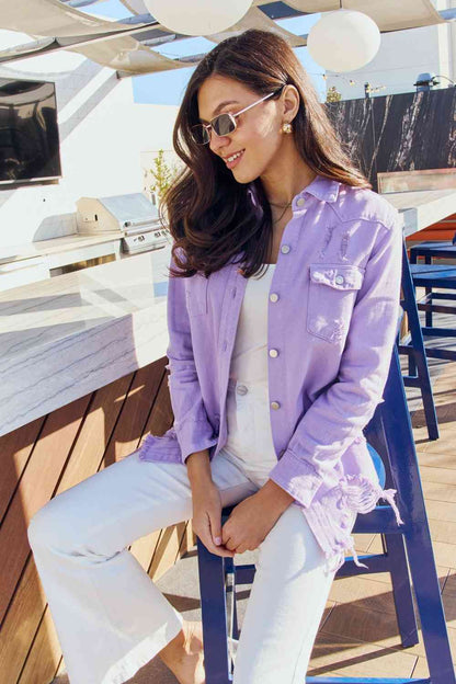 On Or Off Set Distressed Button Down Denim Jacket in Lavender