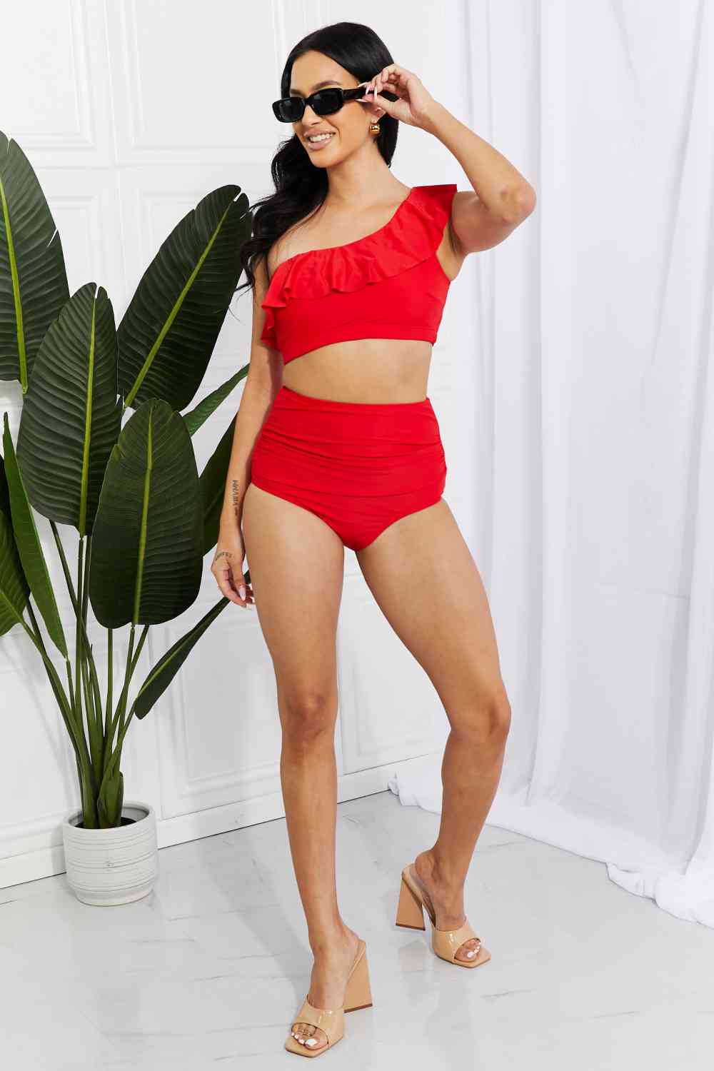 Swim Seaside Romance Ruffle One-Shoulder Bikini in Red