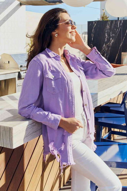 On Or Off Set Distressed Button Down Denim Jacket in Lavender