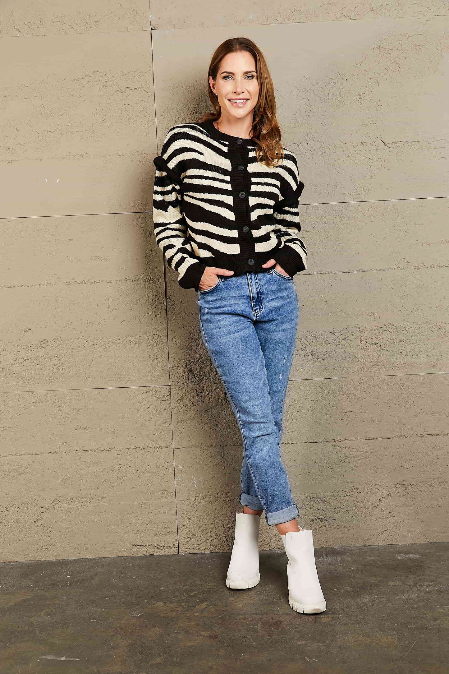 Striped Button-Down Round Neck Drop Shoulder Cardigan