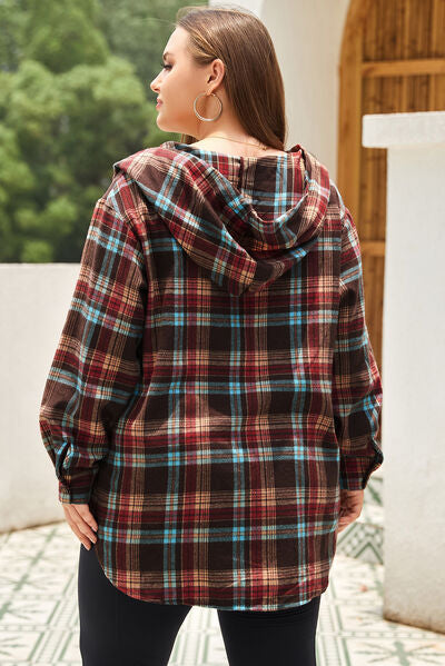 Drawstring Plaid Quarter Button Hoodie