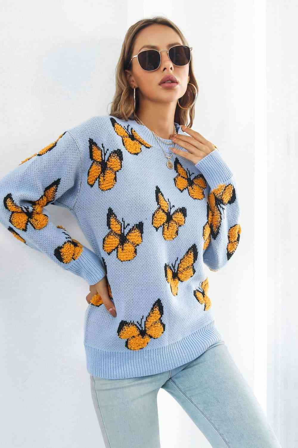 Flutter Butterfly Pattern Round Neck Dropped Shoulder Sweater