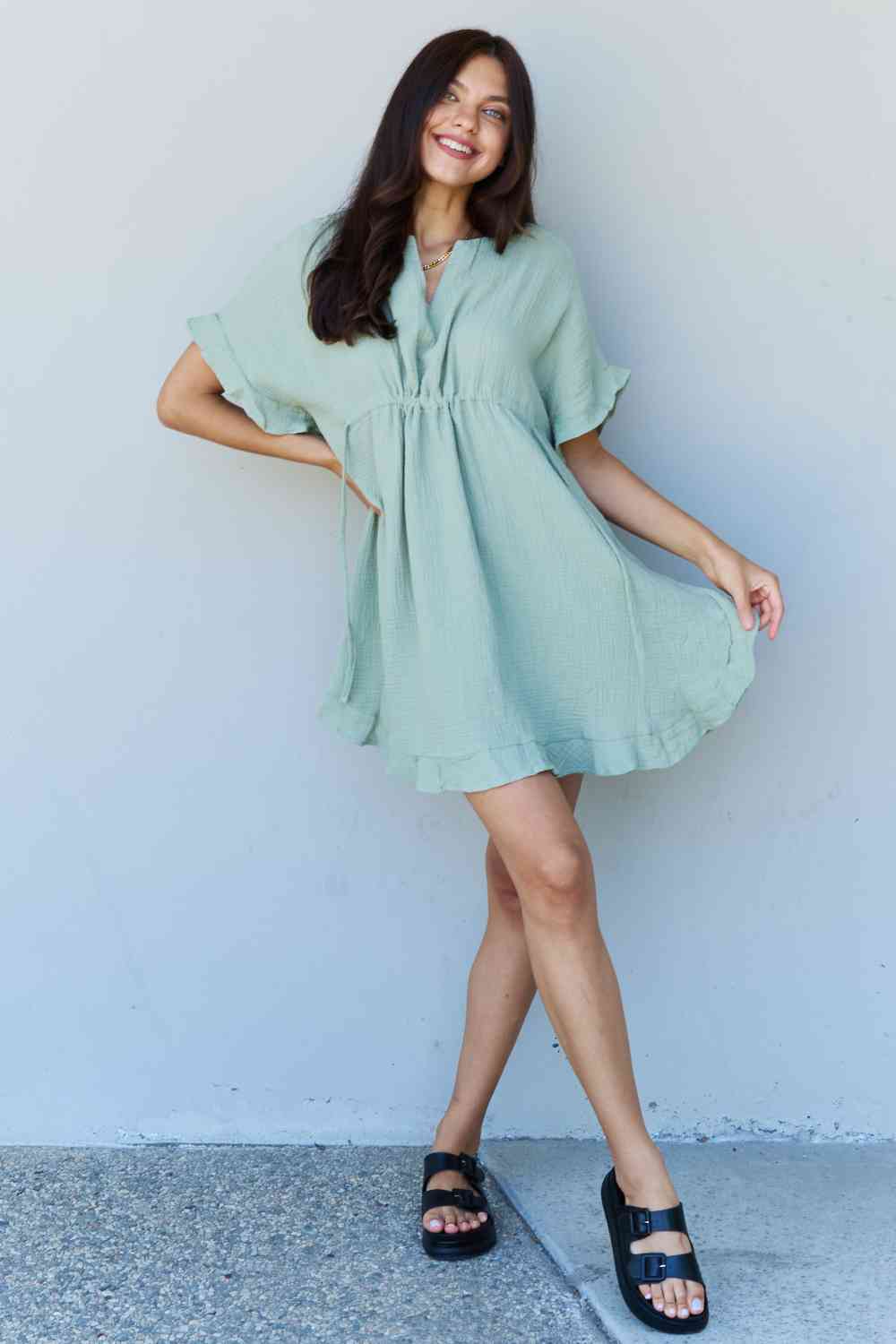 Stepping Out Ruffle Hem Dress with Drawstring Waistband in Light Sage