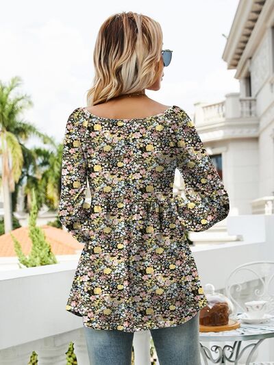 Printed Scoop Neck Lantern Sleeve Blouse