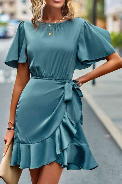 Fancy Me Round Neck Flutter Sleeve Ruffled Dress