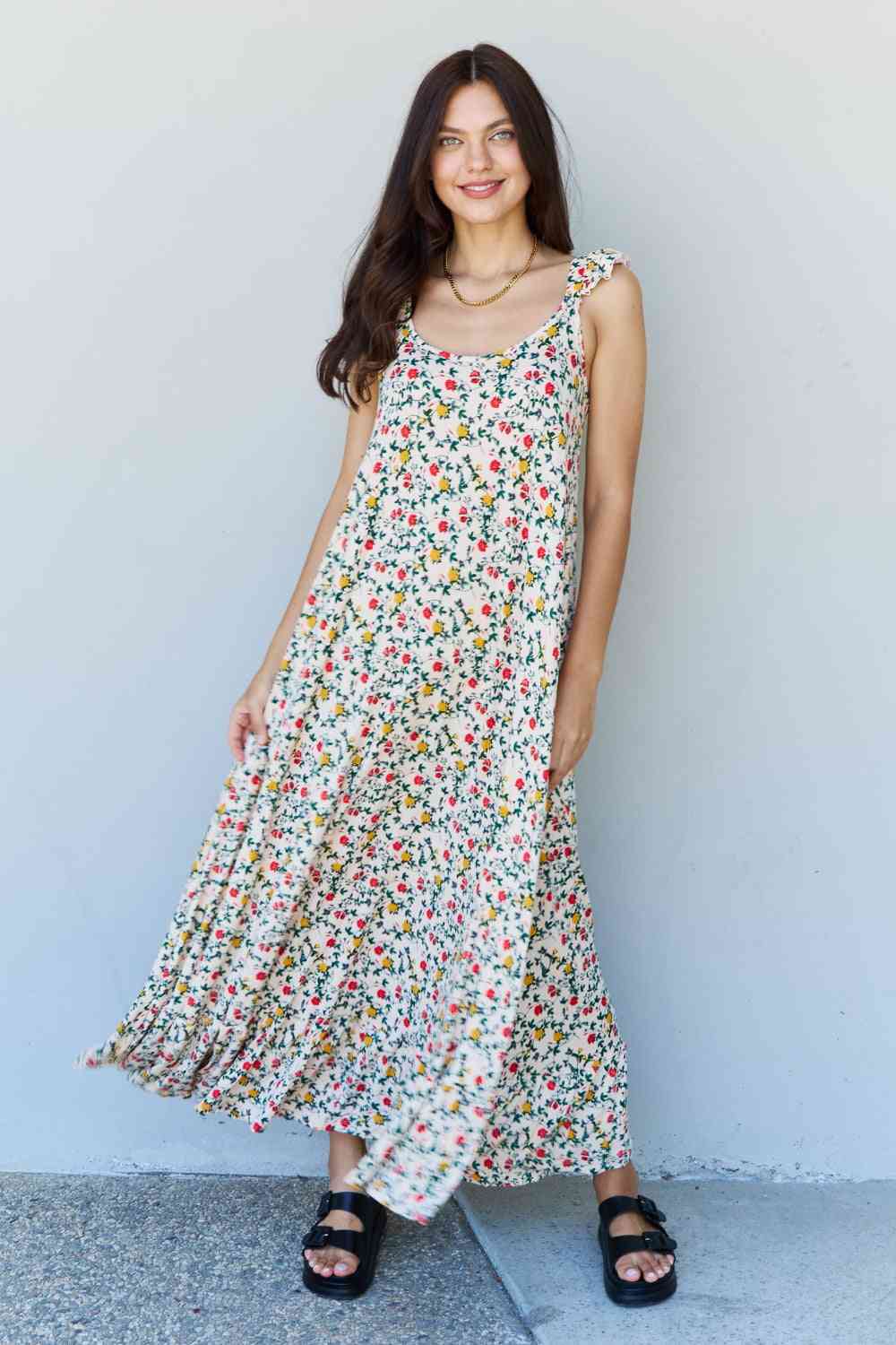 Garden Ruffle Floral Maxi Dress in Natural Rose